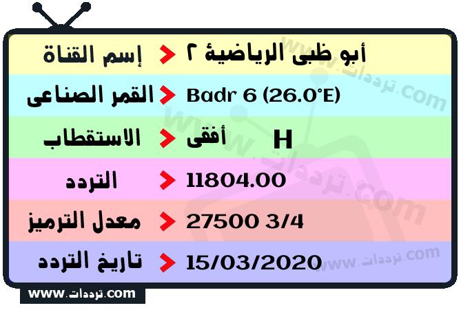 تردد قناة أبو ظبي الرياضية 2 على القمر بدر سات 6 26 شرق 2024